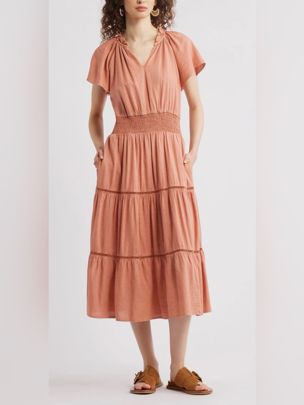 Smocked-Waist ladder stitch Tiered Midi Dress in Dusty Peach linen blend size S